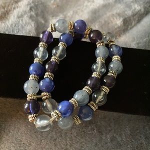 Silver and Denim colored Beaded Stretch Bracelet
